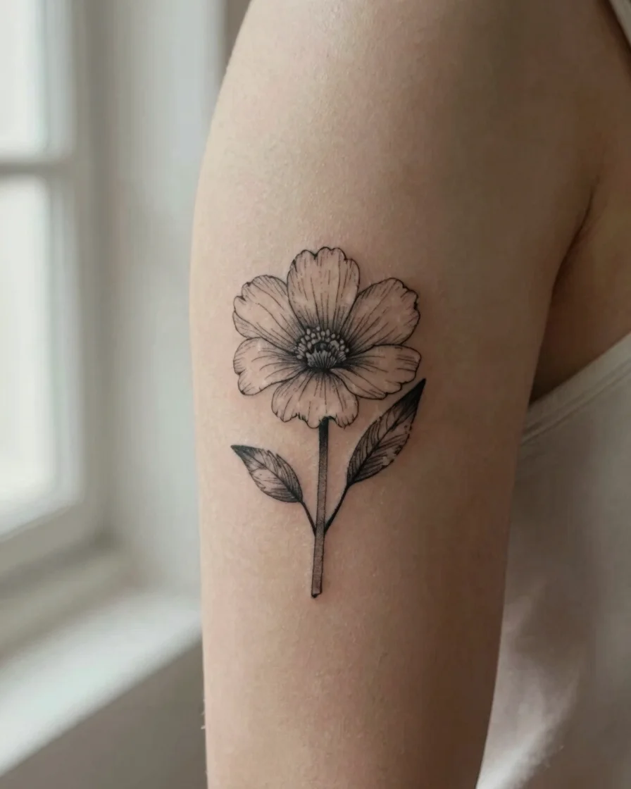 Fotografia editorial nítida de detalhe de uma tatuagem fina em pe